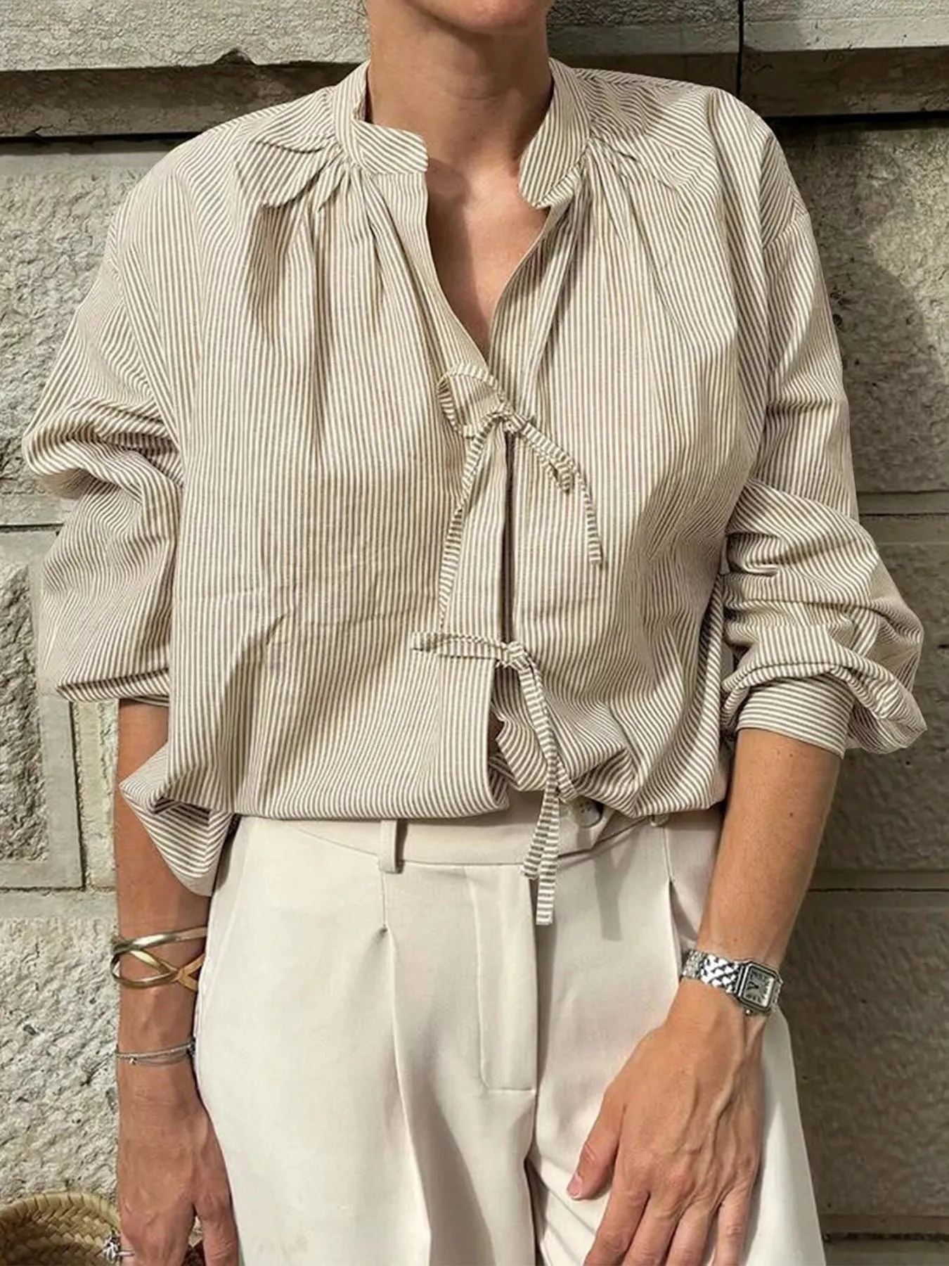 Striped Tie-Front Long Sleeve Shirt sold by Charming Charlie