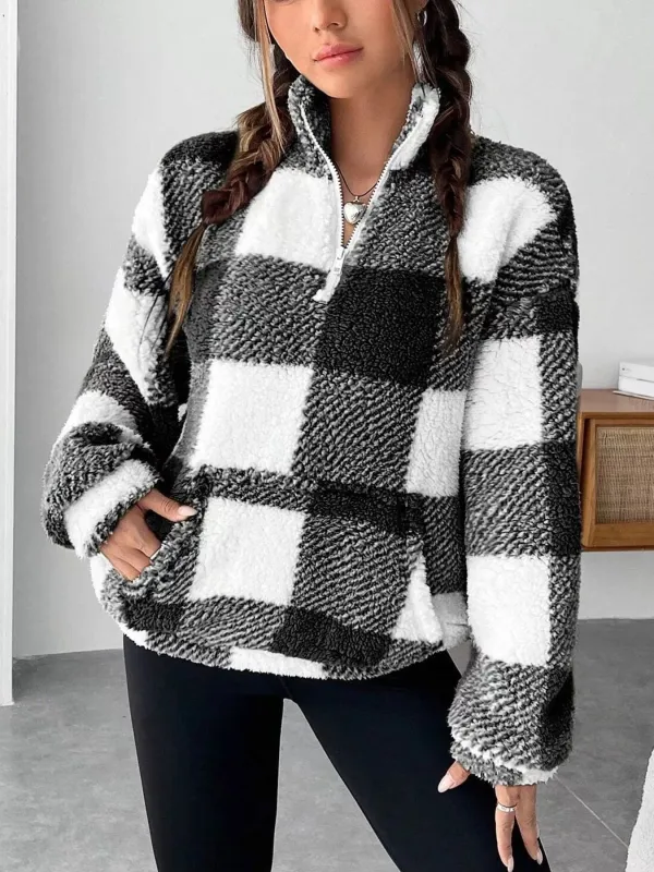 Full Size Plaid Sherpa Long Sleeve Sweatshirt Plus Size sold by Charming Charlie