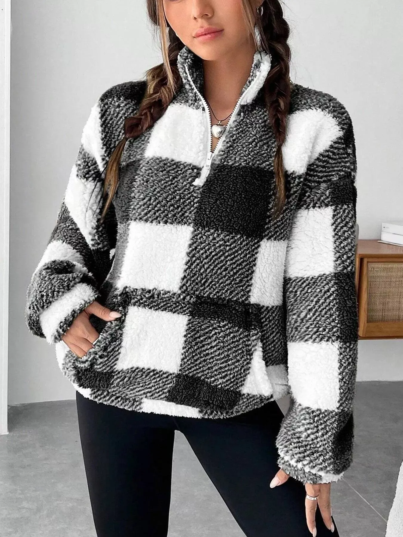 Full Size Plaid Sherpa Long Sleeve Sweatshirt Plus Size sold by Charming Charlie
