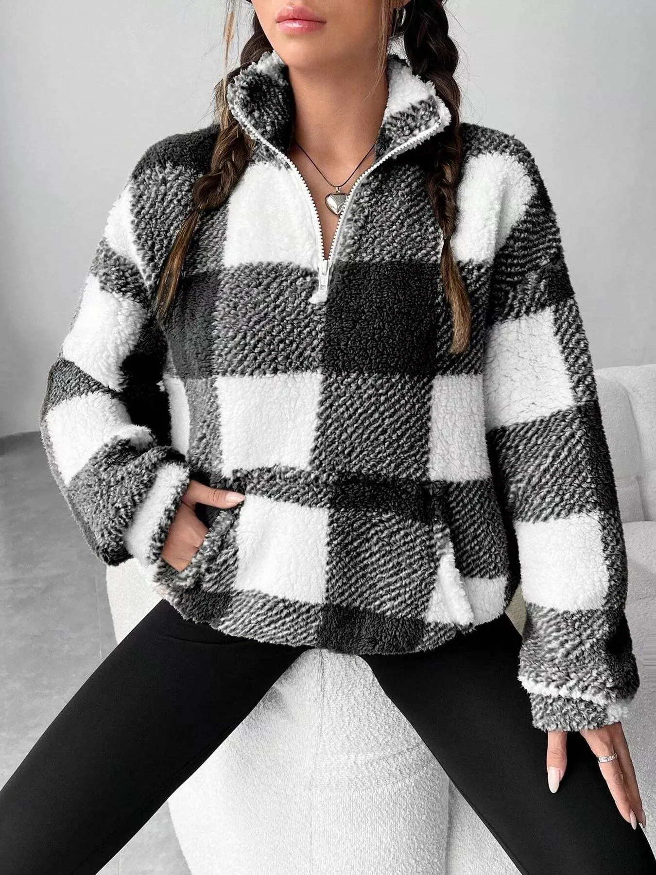 Full Size Plaid Sherpa Long Sleeve Sweatshirt Plus Size sold by Charming Charlie product image thumbnail 2