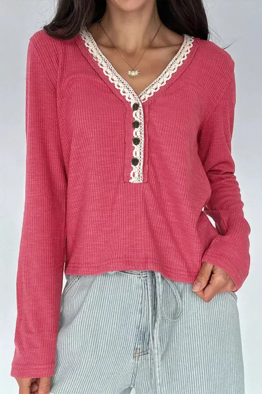 Lace Trim Ribbed Knit Henley Blouse sold by Charming Charlie