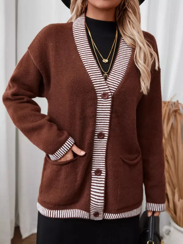 Striped Trim Button Front Pocket Knit Cardigan sold by Charming Charlie
