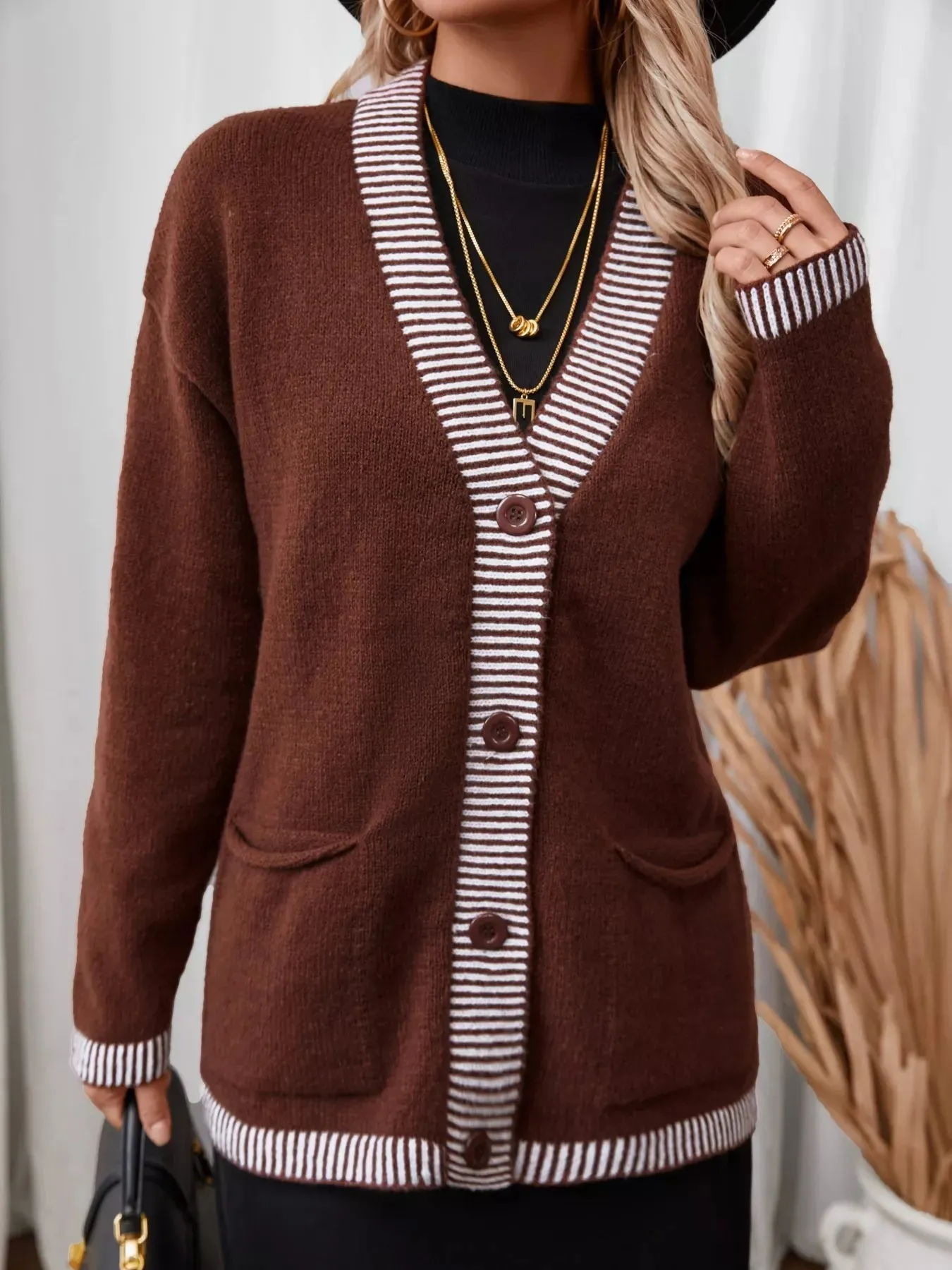 Striped Trim Button Front Pocket Knit Cardigan sold by Charming Charlie product image thumbnail 2