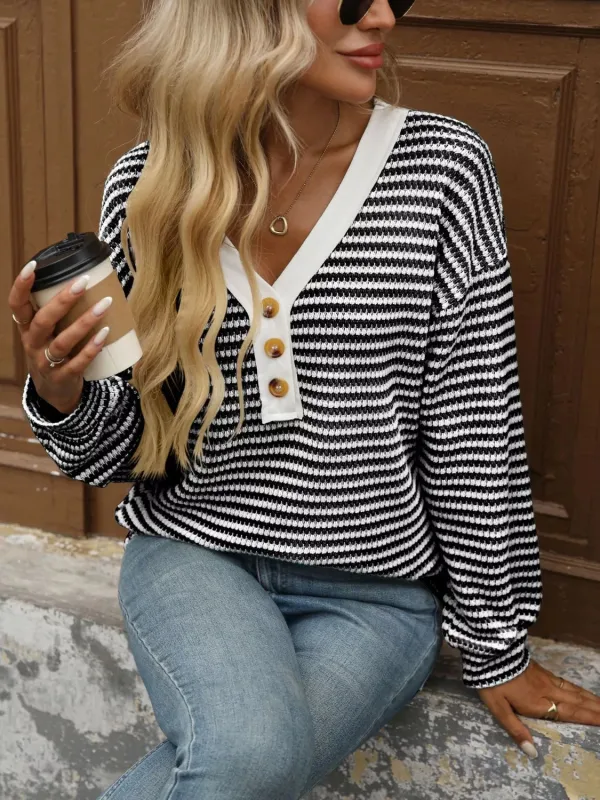 Striped Button Detail Long Sleeve T-Shirt sold by Charming Charlie