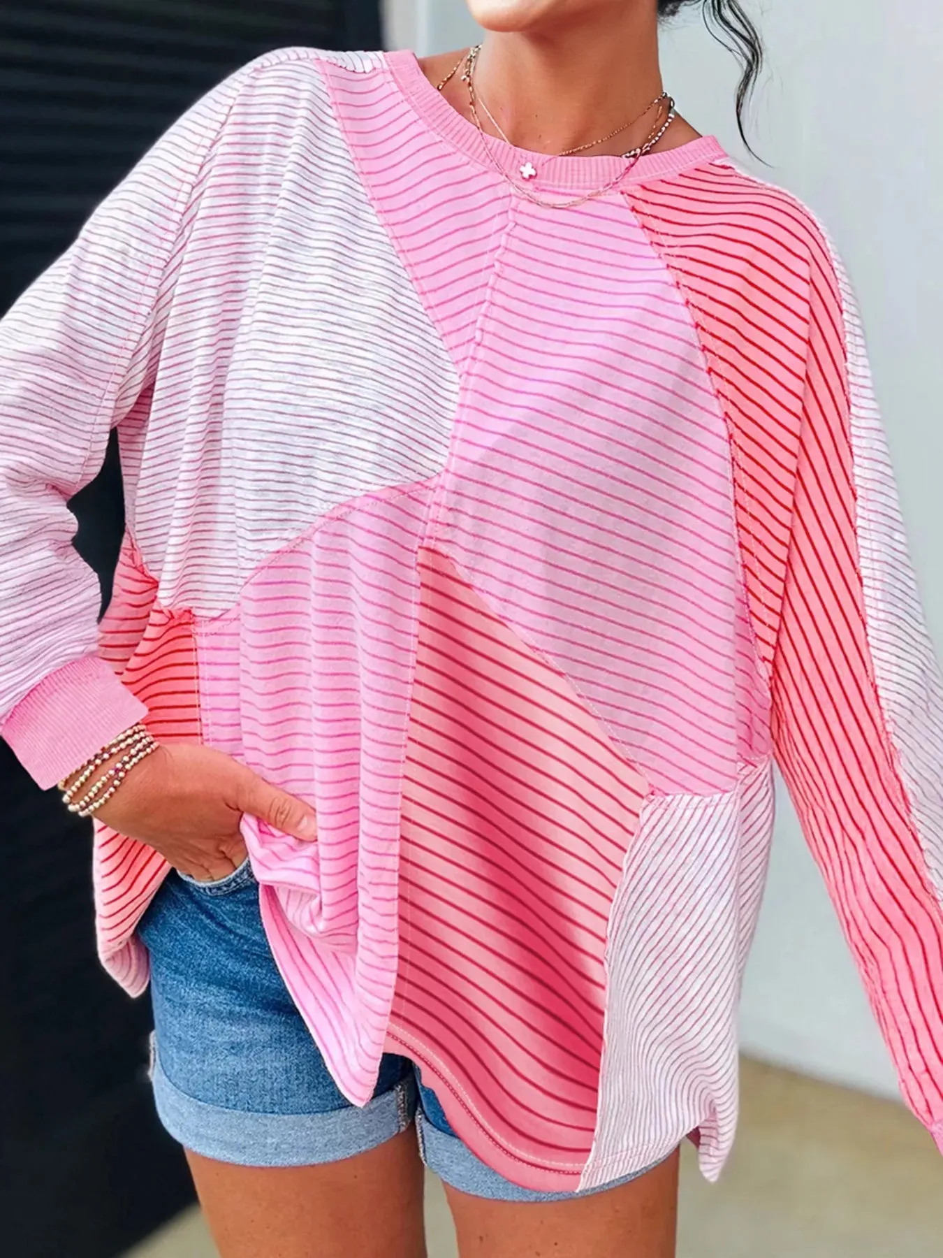 Striped Colorblock Exposed Seam Casual Long Sleeve Top sold by Charming Charlie
