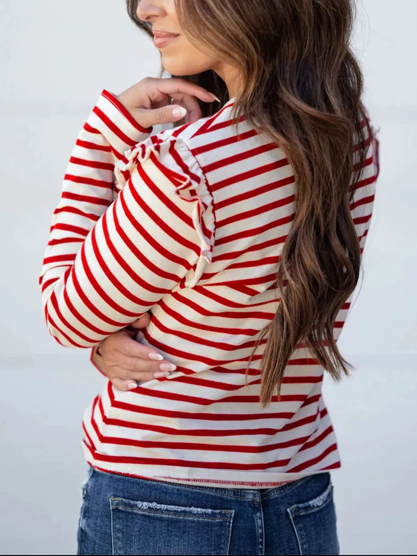 Stripe Round Neck Ruffle Trim Long Sleeve Top sold by Charming Charlie product image thumbnail 2