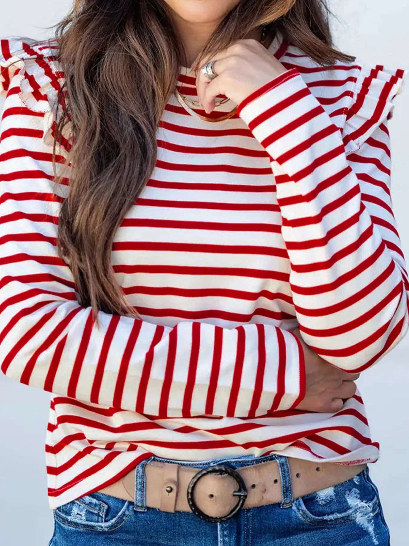 Stripe Round Neck Ruffle Trim Long Sleeve Top sold by Charming Charlie product image thumbnail 3
