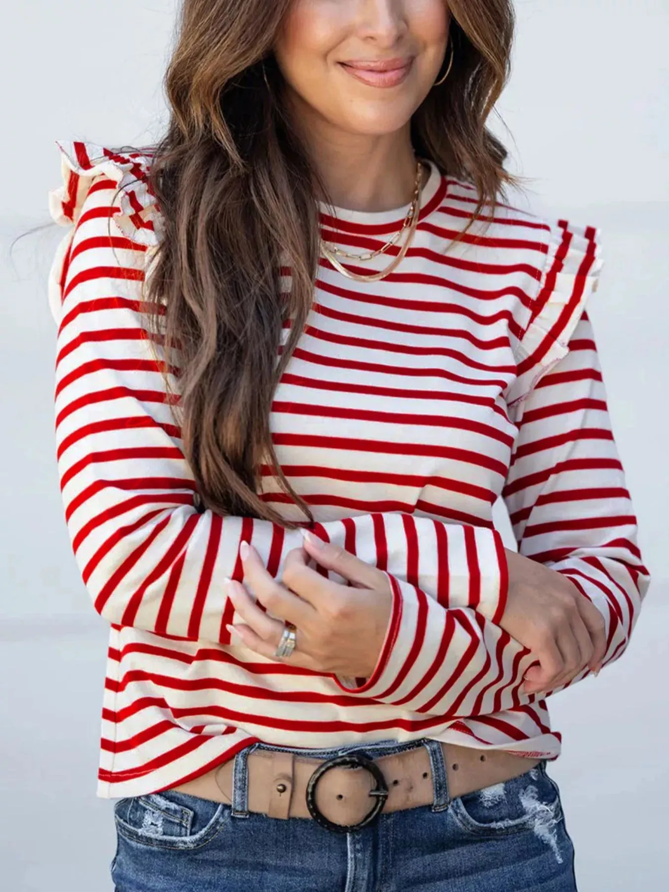 Stripe Round Neck Ruffle Trim Long Sleeve Top sold by Charming Charlie