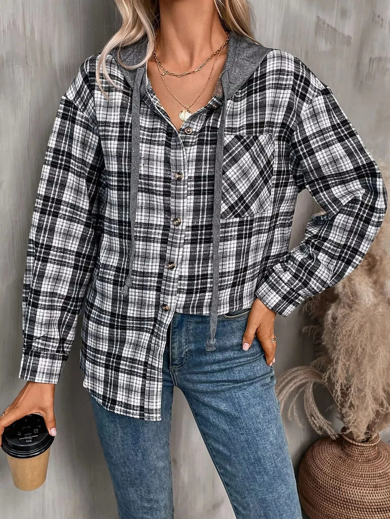 Hooded Plaid Button-Up Shirt sold by Charming Charlie product image thumbnail 4