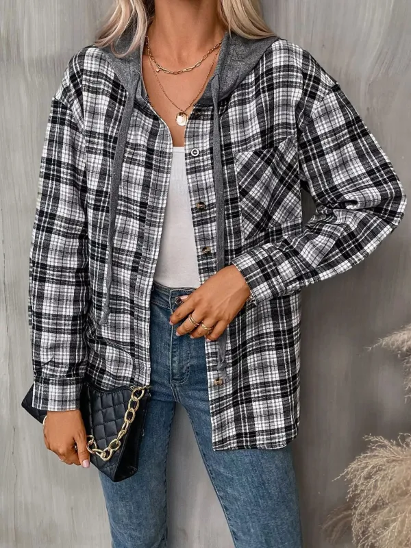 Hooded Plaid Button-Up Shirt sold by Charming Charlie