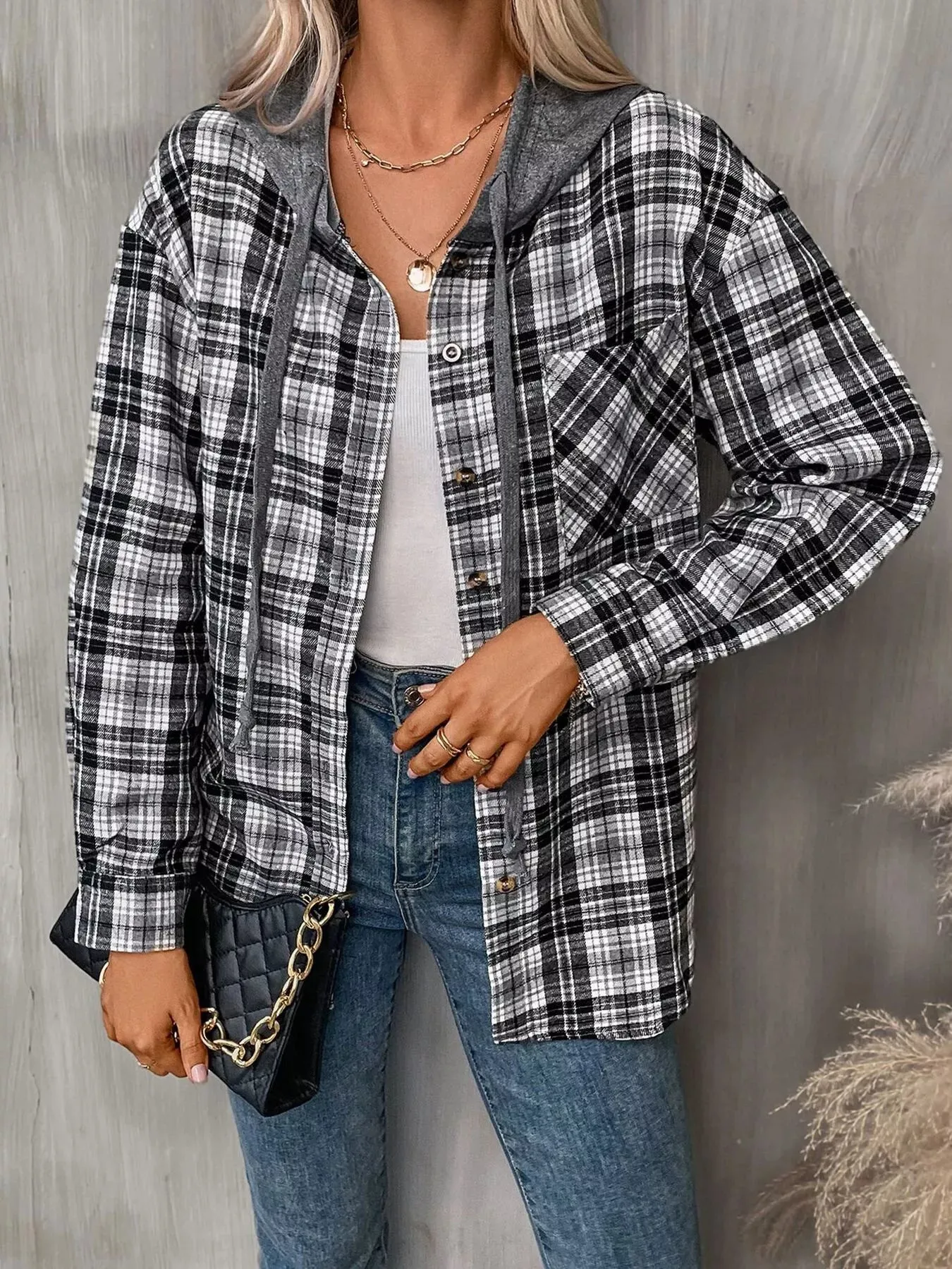 Hooded Plaid Button-Up Shirt sold by Charming Charlie