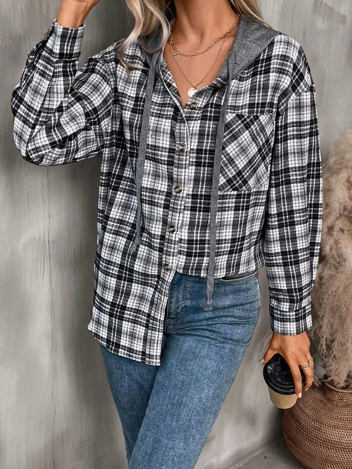 Hooded Plaid Button-Up Shirt sold by Charming Charlie product image thumbnail 5