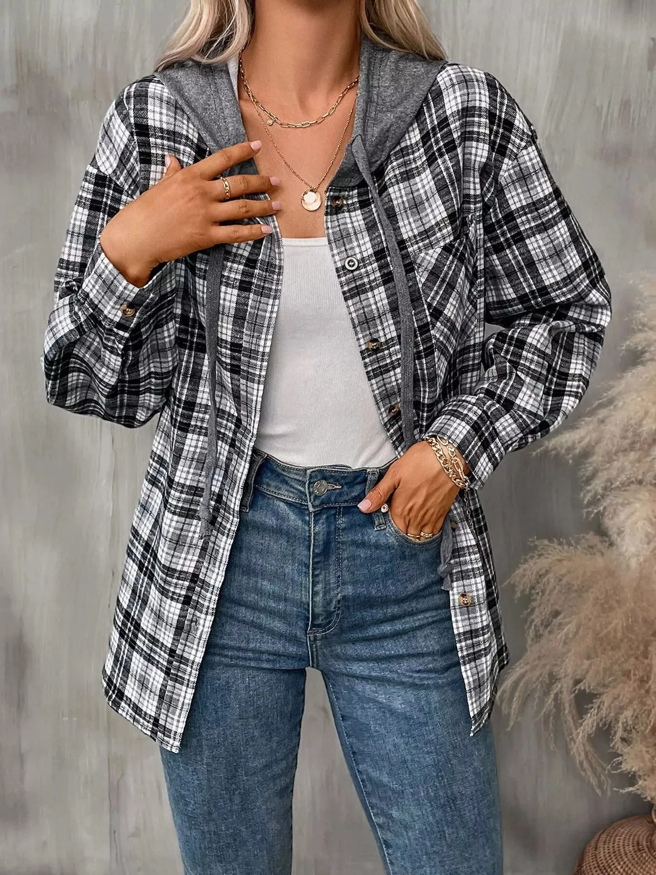 Hooded Plaid Button-Up Shirt sold by Charming Charlie product image thumbnail 2