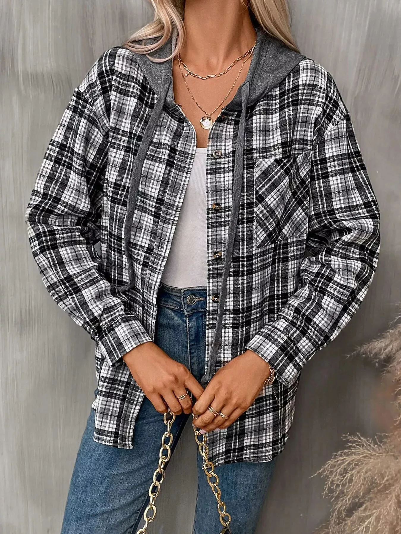 Hooded Plaid Button-Up Shirt sold by Charming Charlie product image thumbnail 3