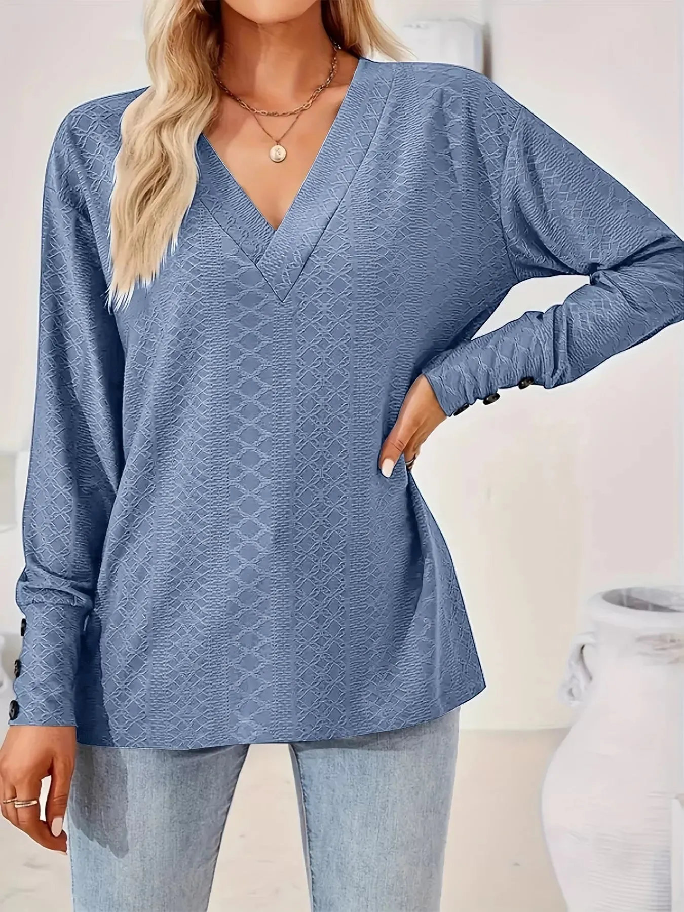 Plus Size V-Neck Textured Long Sleeve T-Shirt sold by Charming Charlie product image thumbnail 3