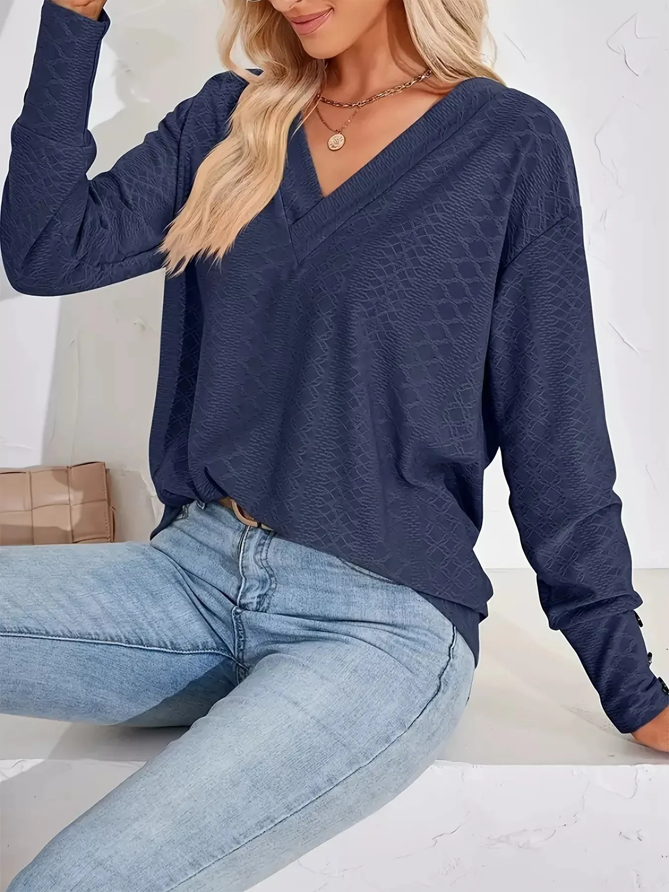 Plus Size V-Neck Textured Long Sleeve T-Shirt sold by Charming Charlie product image thumbnail 4