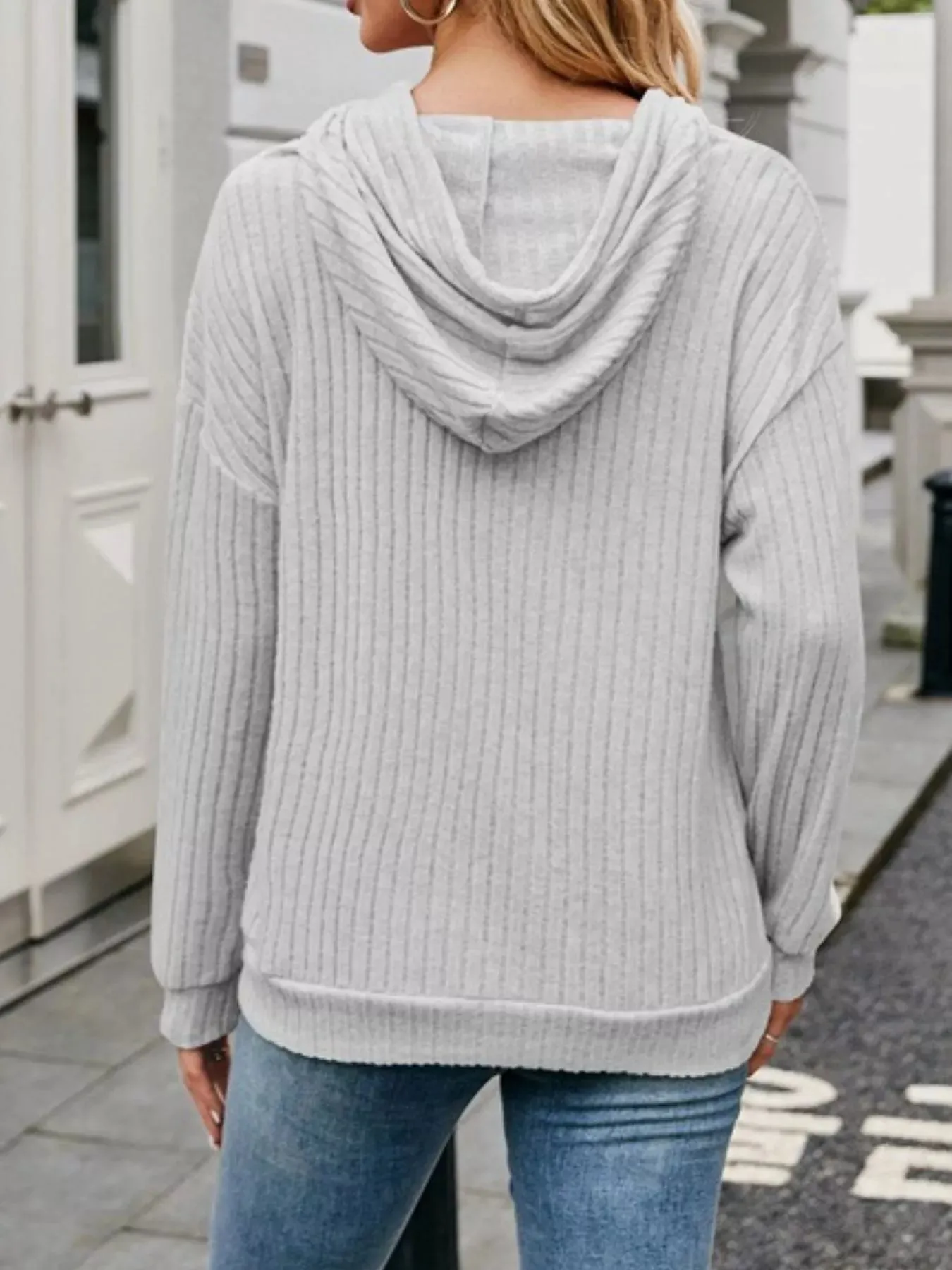 Casual Drawstring Ribbed Knit Hoodie sold by Charming Charlie product image thumbnail 5