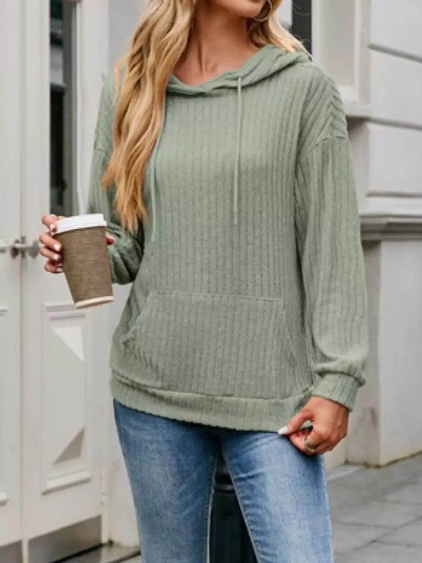 Casual Drawstring Ribbed Knit Hoodie sold by Charming Charlie product image thumbnail 4