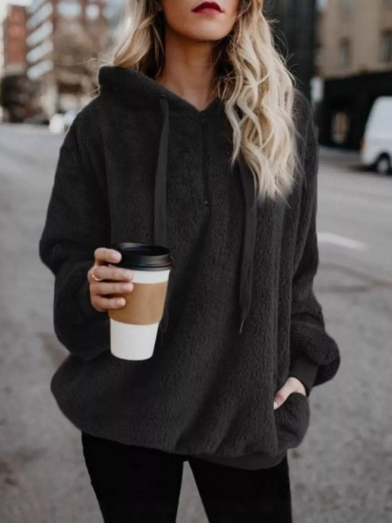Full Size Half Zip Drawstring Fleece Hoodie Plus Size sold by Charming Charlie product image thumbnail 4