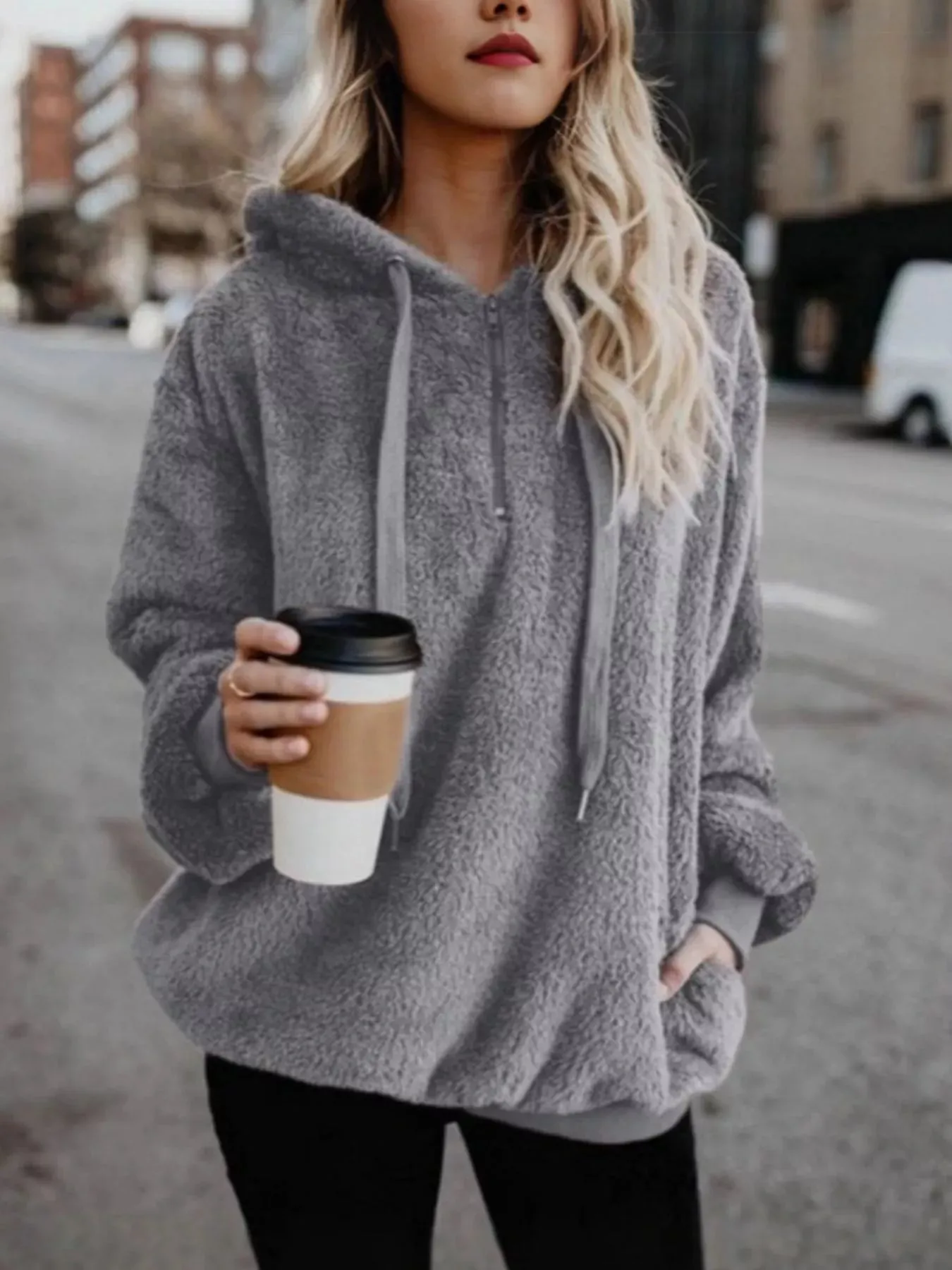 Full Size Half Zip Drawstring Fleece Hoodie Plus Size sold by Charming Charlie