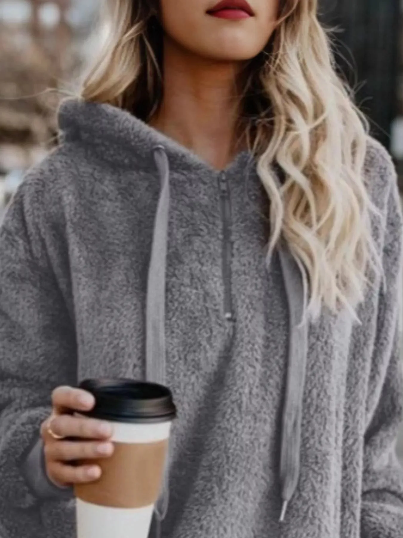 Full Size Half Zip Drawstring Fleece Hoodie Plus Size sold by Charming Charlie product image thumbnail 3