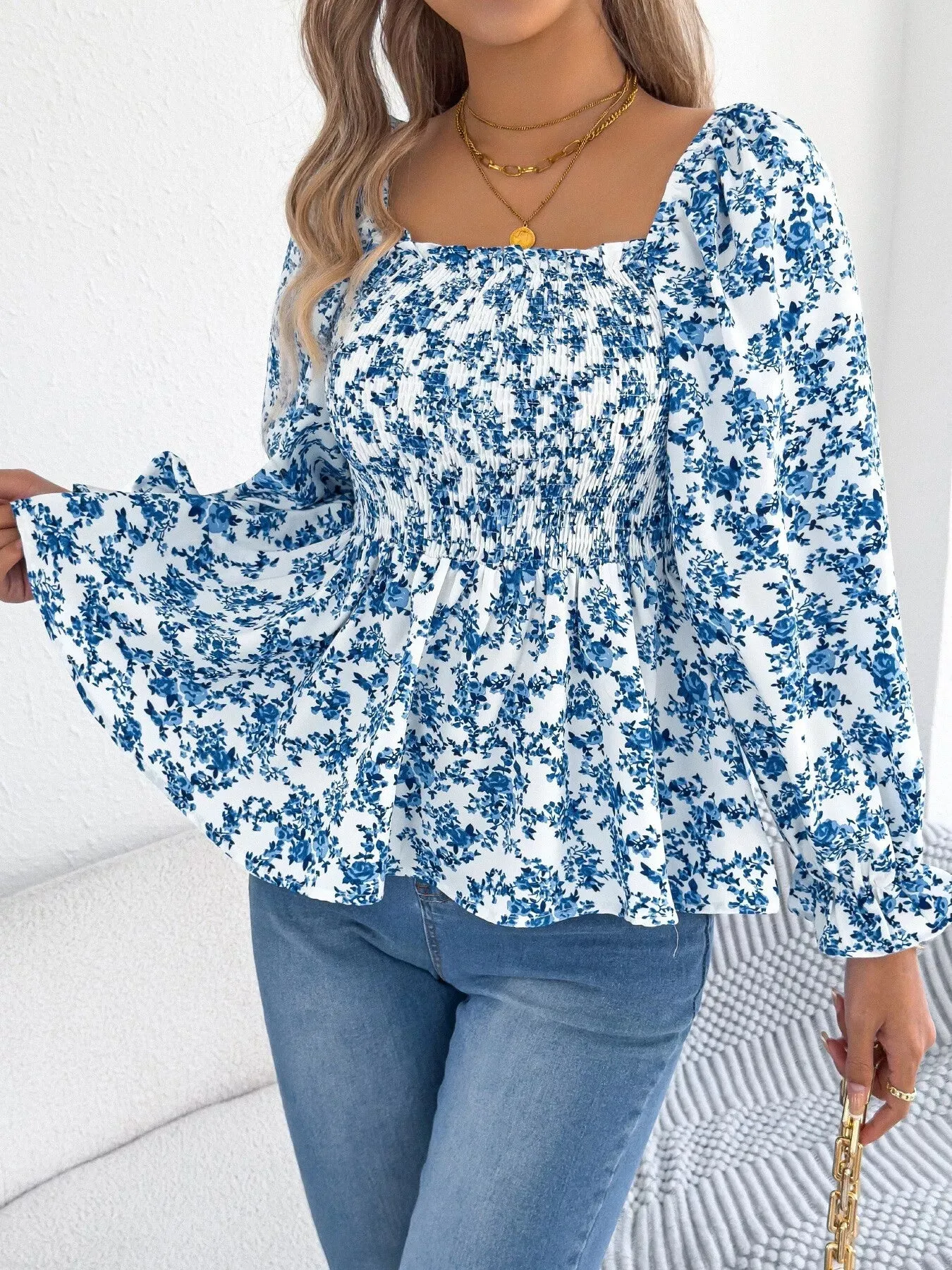 Full Size Floral Print Smocked Long Sleeve Blouse Plus Size sold by Charming Charlie product image thumbnail 2