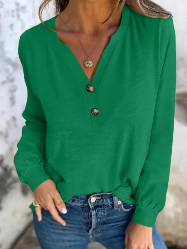 Solid Color Button V Neck Long Sleeve Top sold by Charming Charlie