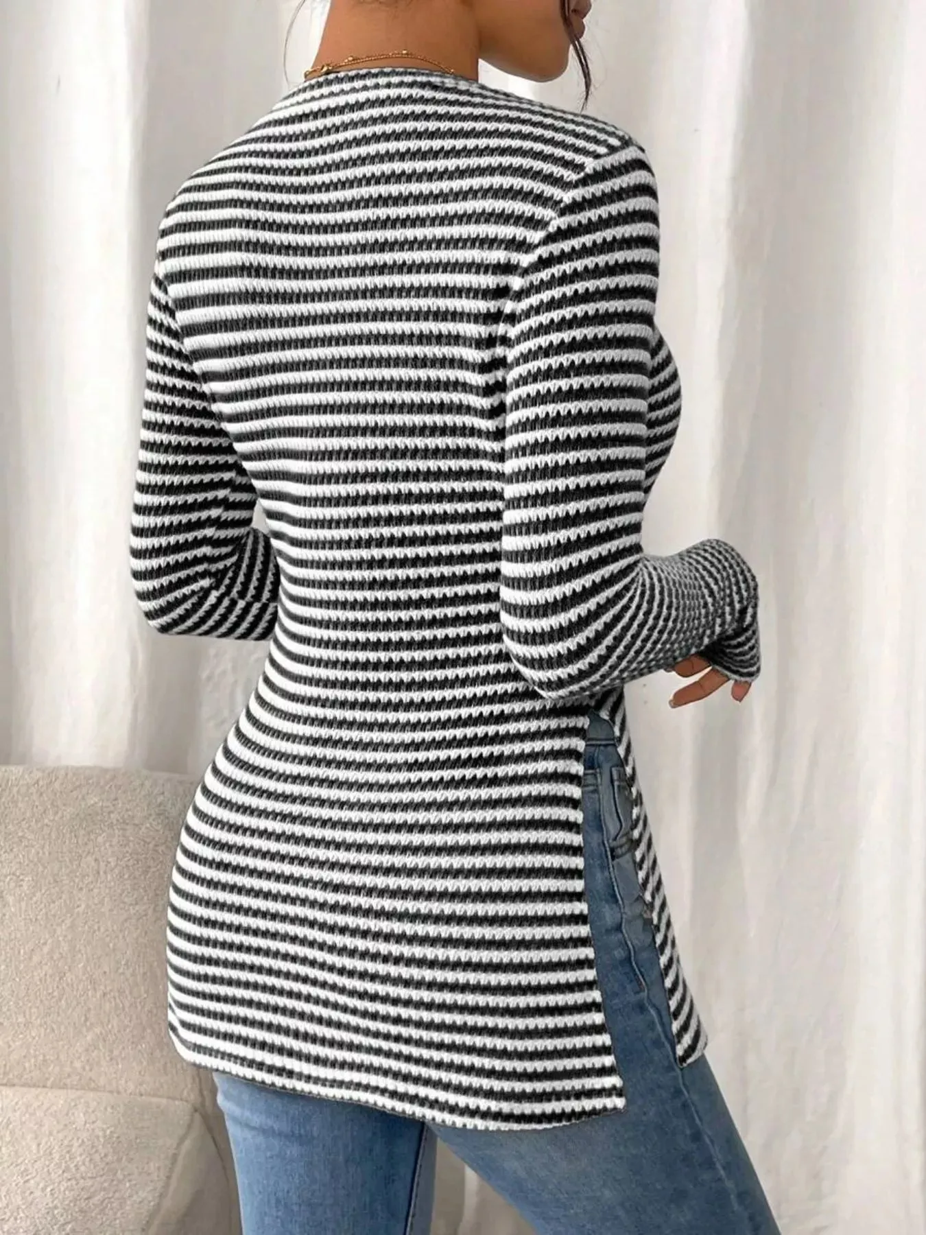 Slit Striped Long Sleeve Casual T-Shirt sold by Charming Charlie product image thumbnail 2