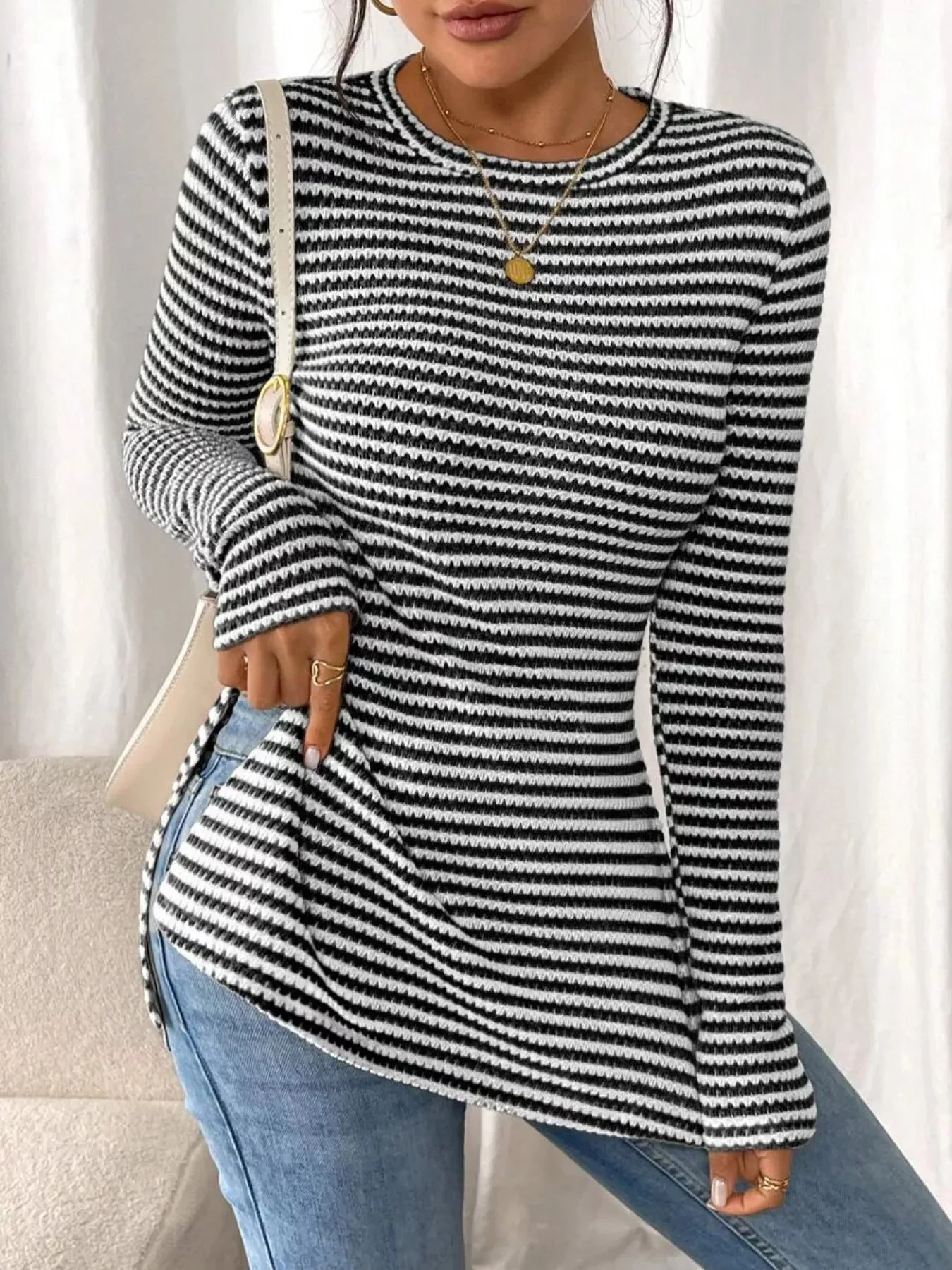 Slit Striped Long Sleeve Casual T-Shirt sold by Charming Charlie product image thumbnail 3