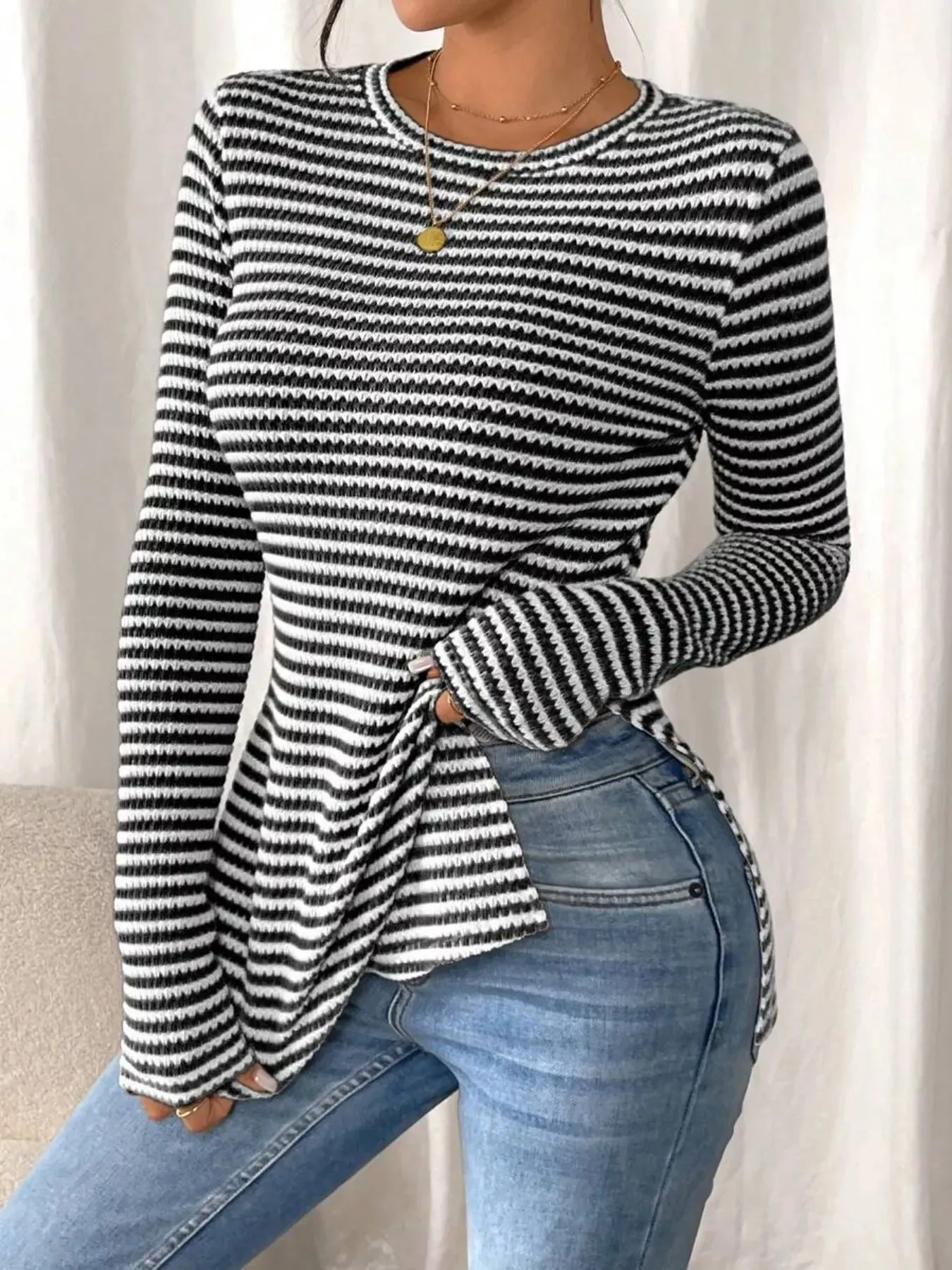 Slit Striped Long Sleeve Casual T-Shirt sold by Charming Charlie