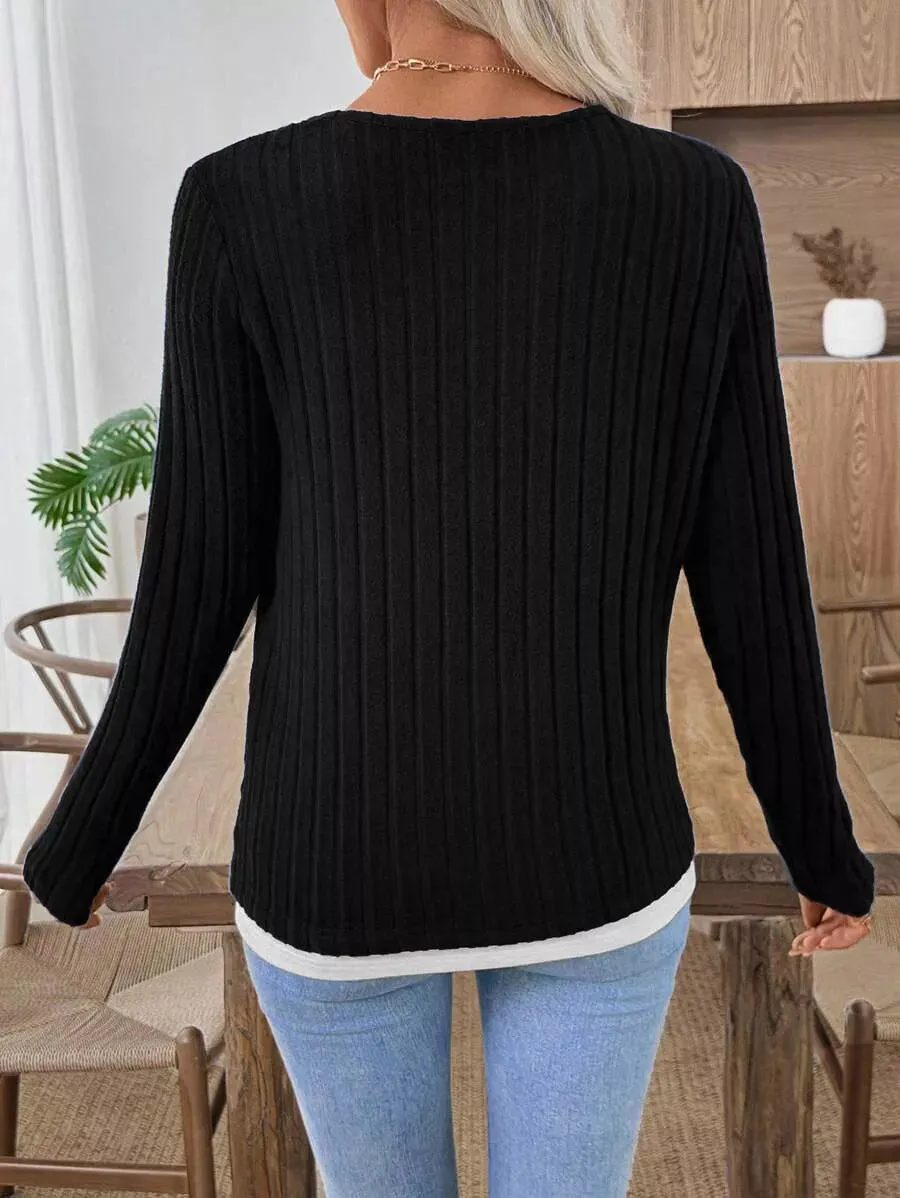 Ribbed Knit Long Sleeve Fake Two-Piece T-Shirt sold by Charming Charlie product image thumbnail 5