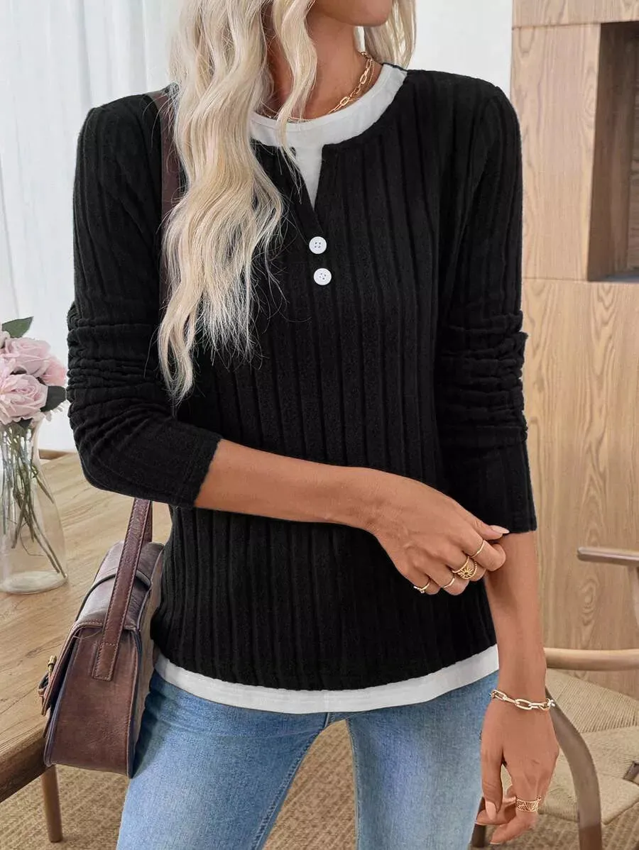 Ribbed Knit Long Sleeve Fake Two-Piece T-Shirt sold by Charming Charlie product image thumbnail 2