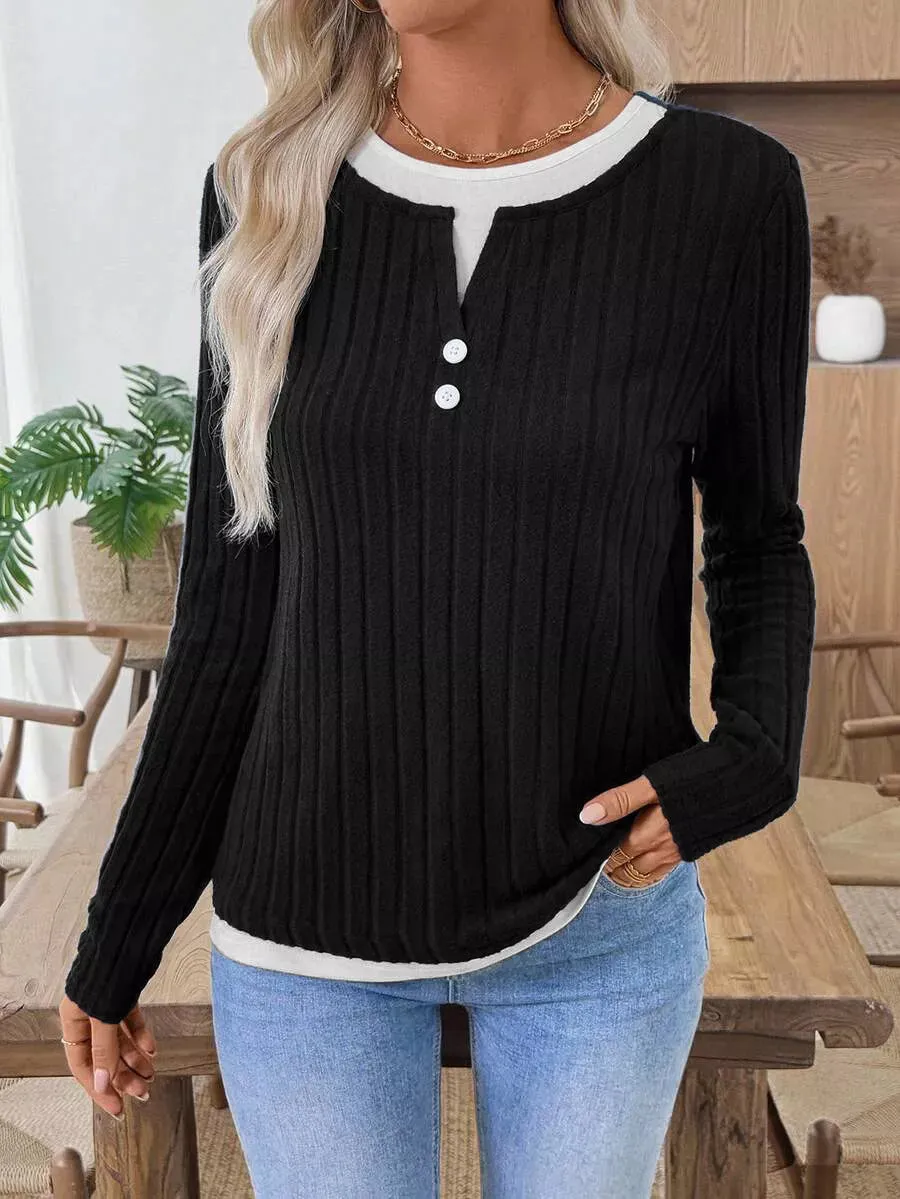 Ribbed Knit Long Sleeve Fake Two-Piece T-Shirt sold by Charming Charlie product image thumbnail 4