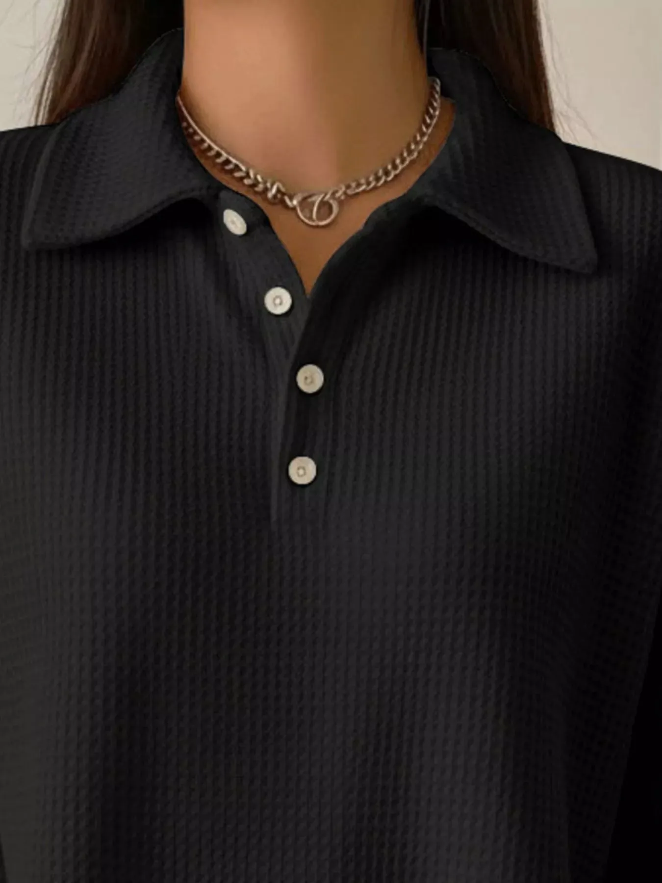 Full Size Waffle Knit Button Detail Sweatshirt Plus Size sold by Charming Charlie product image thumbnail 5