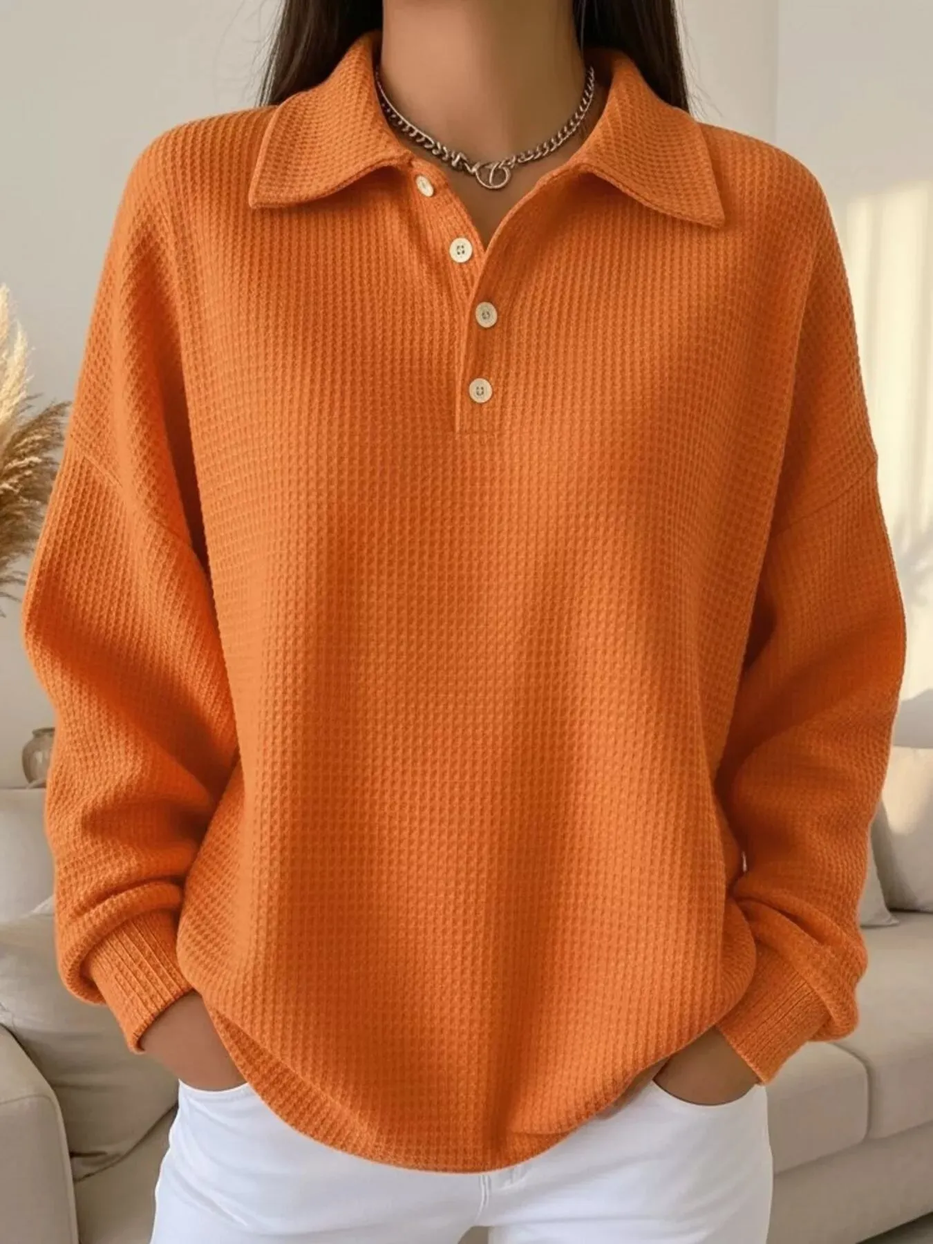 Full Size Waffle Knit Button Detail Sweatshirt Plus Size sold by Charming Charlie