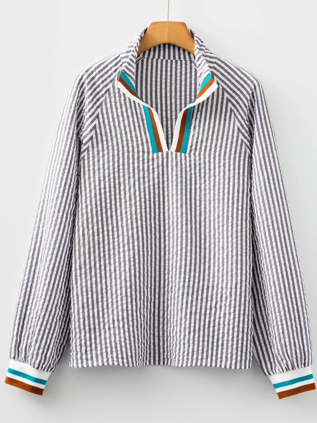 Striped Print Contrast Patchwork Detail Split Neck Blouse sold by Charming Charlie product image thumbnail 2