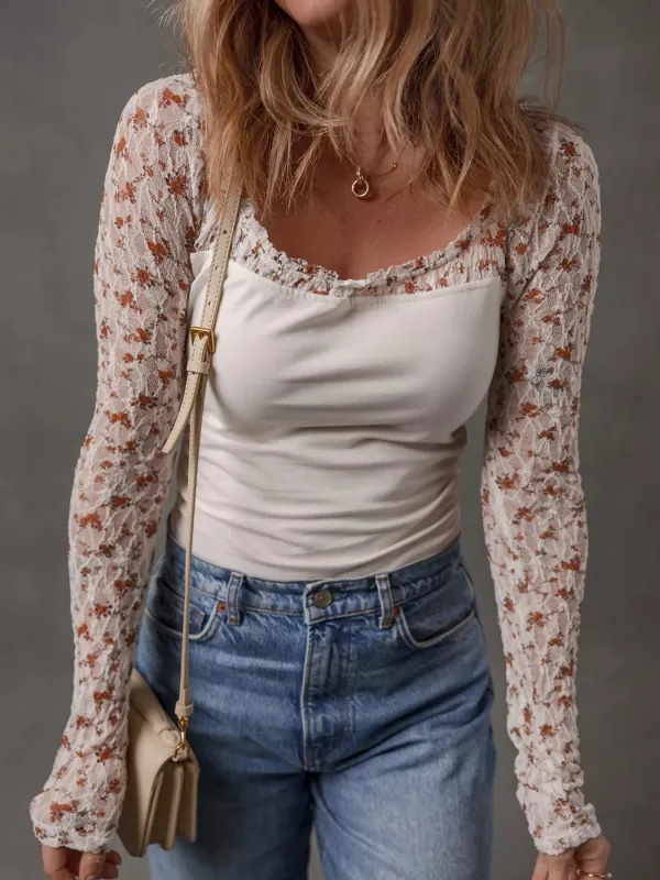 Floral Lace Patchwork Square Neck Long Sleeve Top sold by Charming Charlie