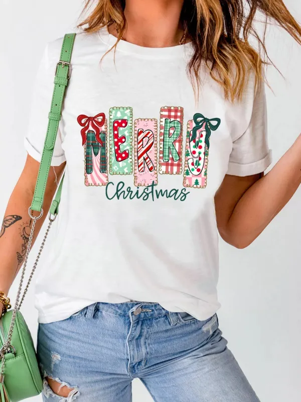 Merry Christmas Ribbon Bow Detail Holiday Graphic Tee sold by Charming Charlie