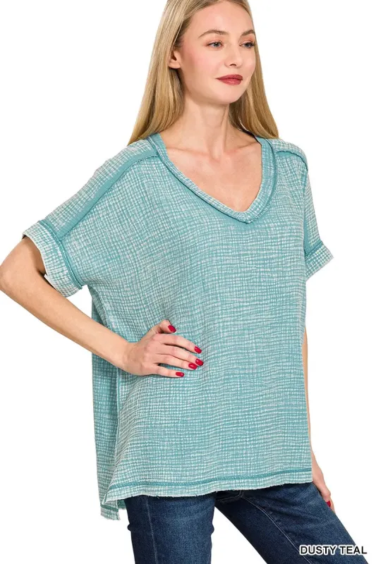 Zenana Acid Washed Double Gauze V-Neck Tee sold by Charming Charlie