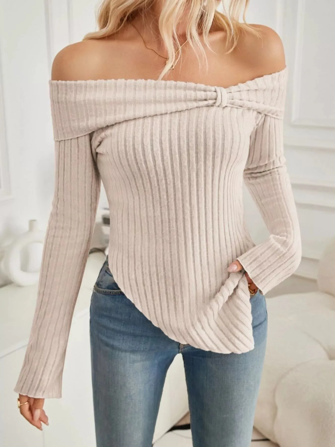 Off-Shoulder Ribbed Knit T-Shirt sold by Charming Charlie product image thumbnail 3