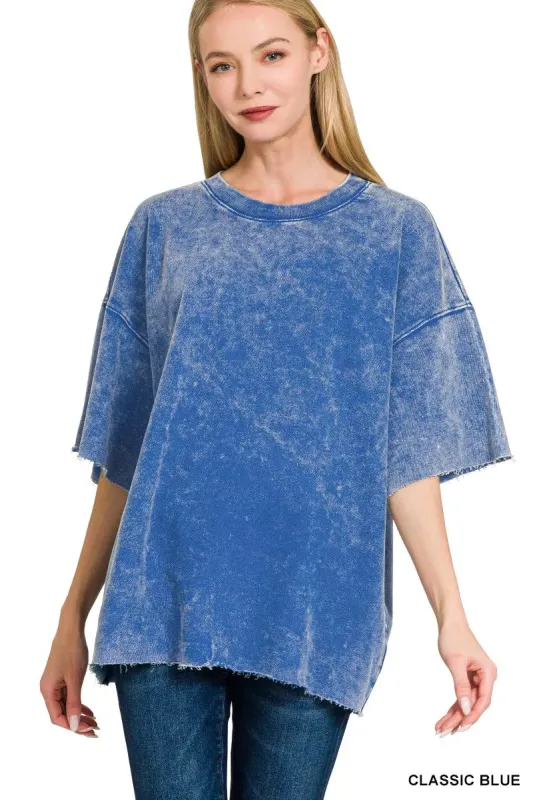 Zenana French Terry Washed Drop Shoulder Short Sleeve Top sold by Charming Charlie