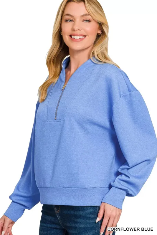 Zenana Scuba Half Zip Drop Shoulder Sweatshirt sold by Charming Charlie