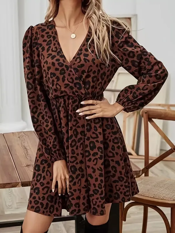 Leopard Print V-Neck Long Sleeve Mini Dress sold by Charming Charlie