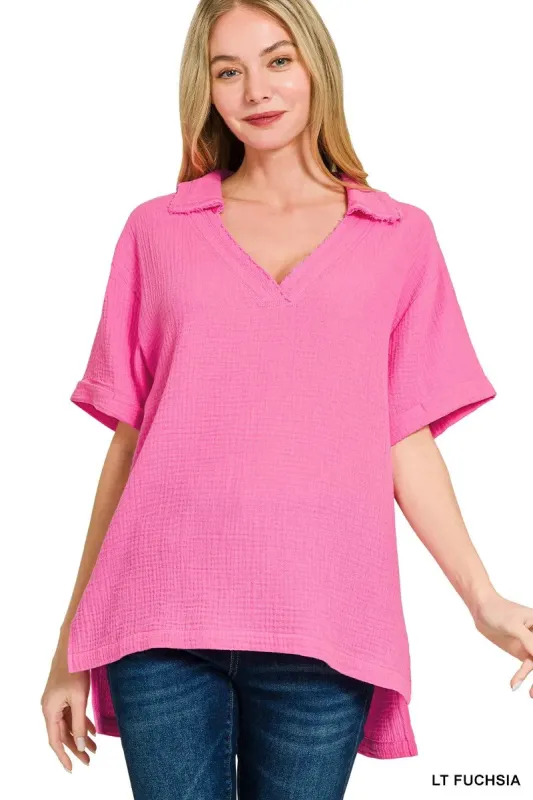 Zenana Double Gauze Short Sleeve High-Low Top sold by Charming Charlie