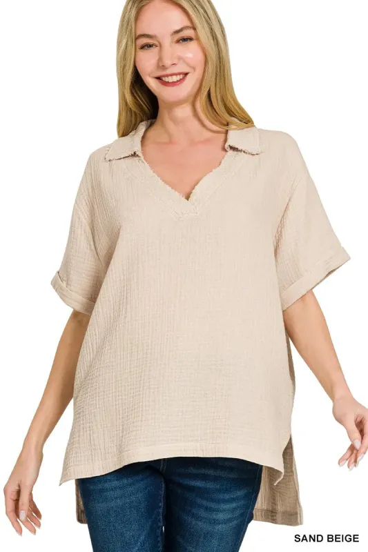 Zenana Double Gauze Short Sleeve High-Low Top sold by Charming Charlie