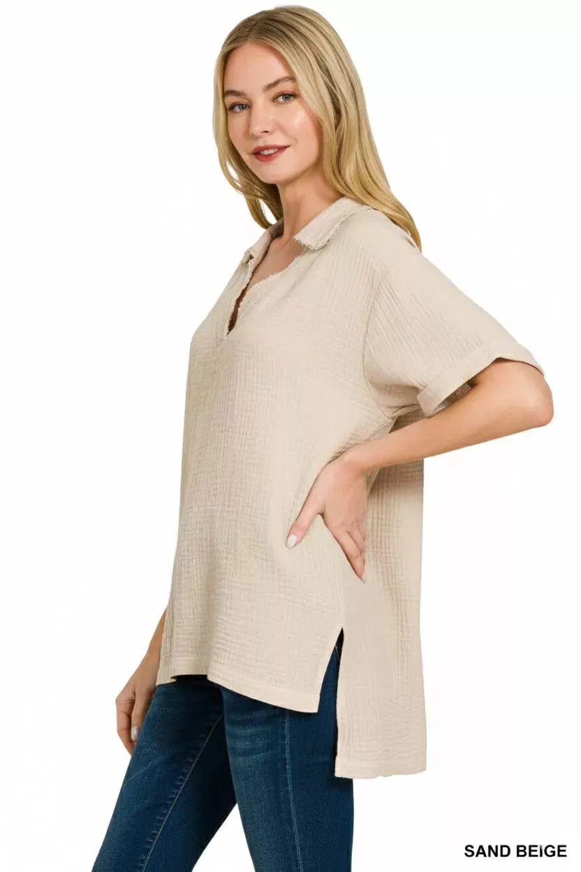 Zenana Double Gauze Short Sleeve High-Low Top sold by Charming Charlie product image thumbnail 2