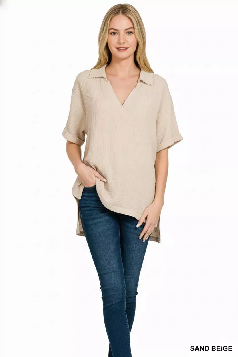 Zenana Double Gauze Short Sleeve High-Low Top sold by Charming Charlie product image thumbnail 3