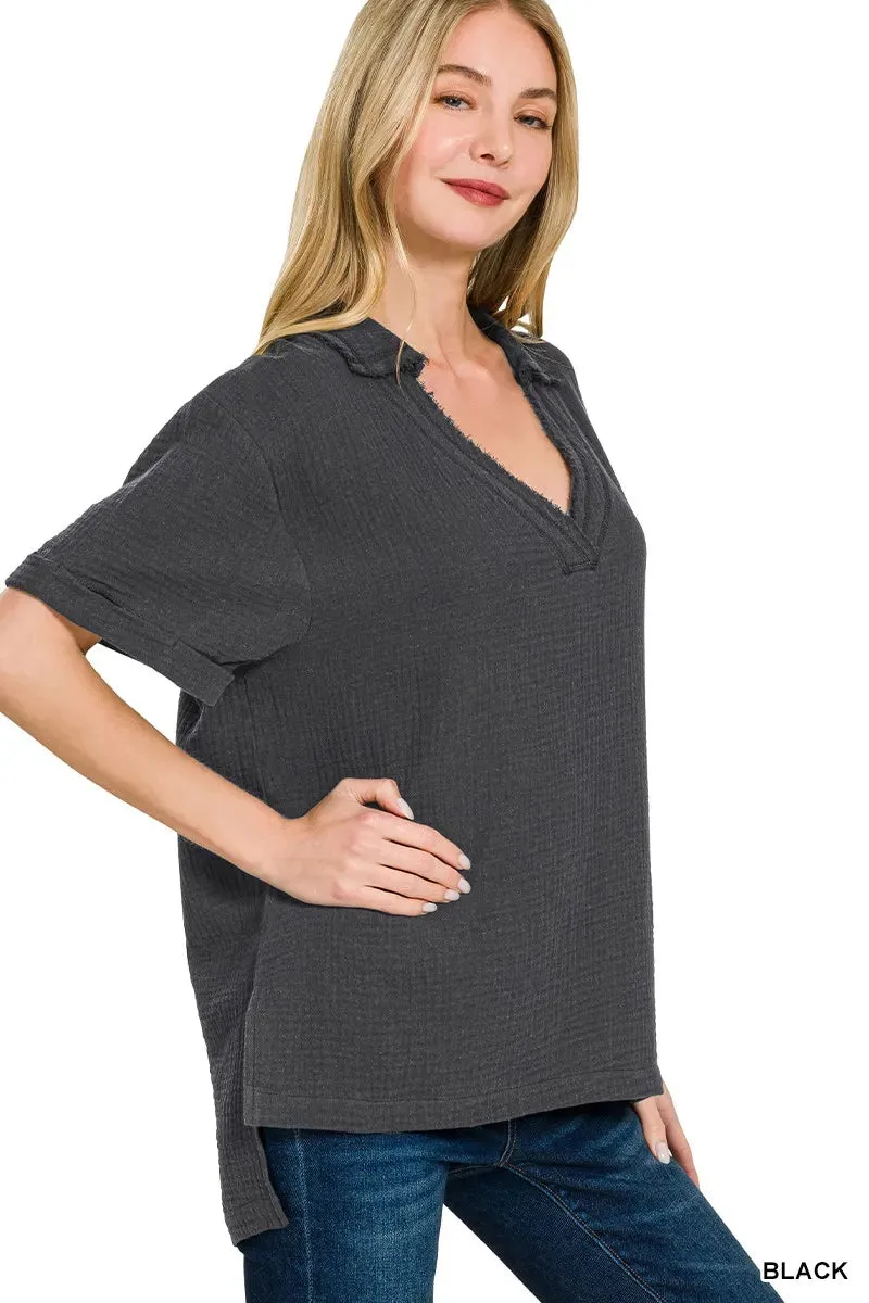 Zenana Double Gauze Short Sleeve High-Low Top sold by Charming Charlie