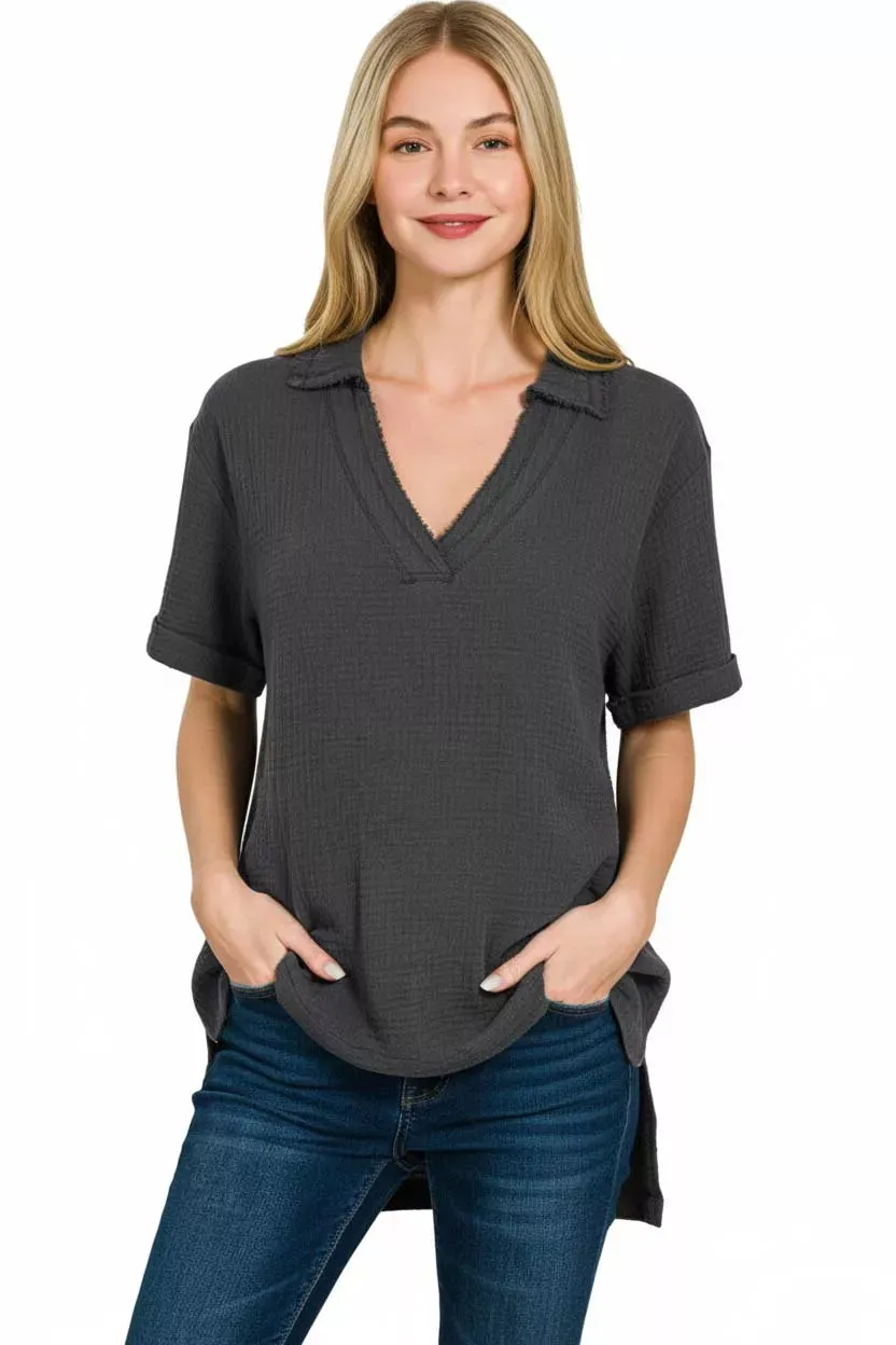 Zenana Double Gauze Short Sleeve High-Low Top sold by Charming Charlie product image thumbnail 2
