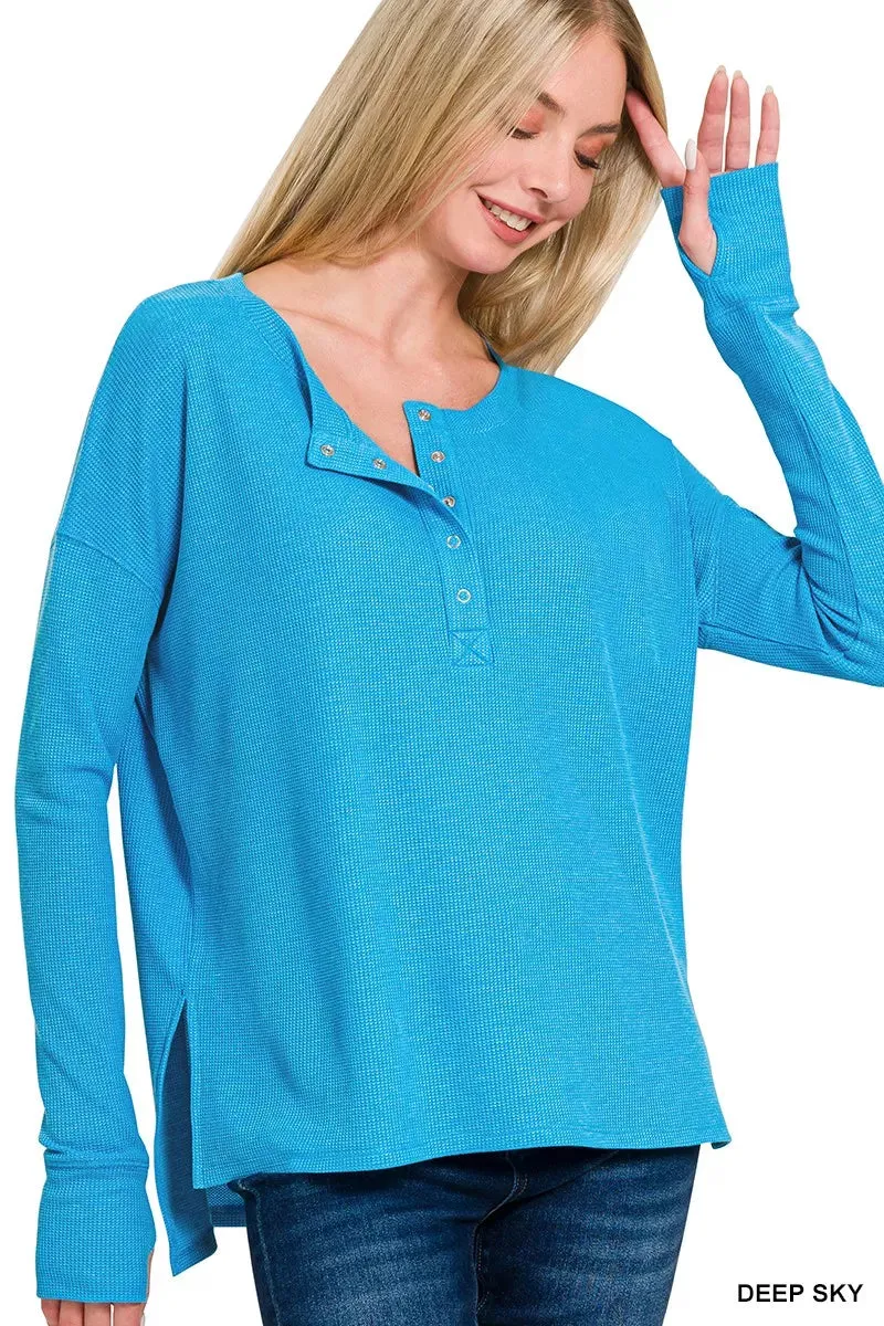 Zenana Waffle Thumb Hole Cuffs Henley Tee sold by Charming Charlie
